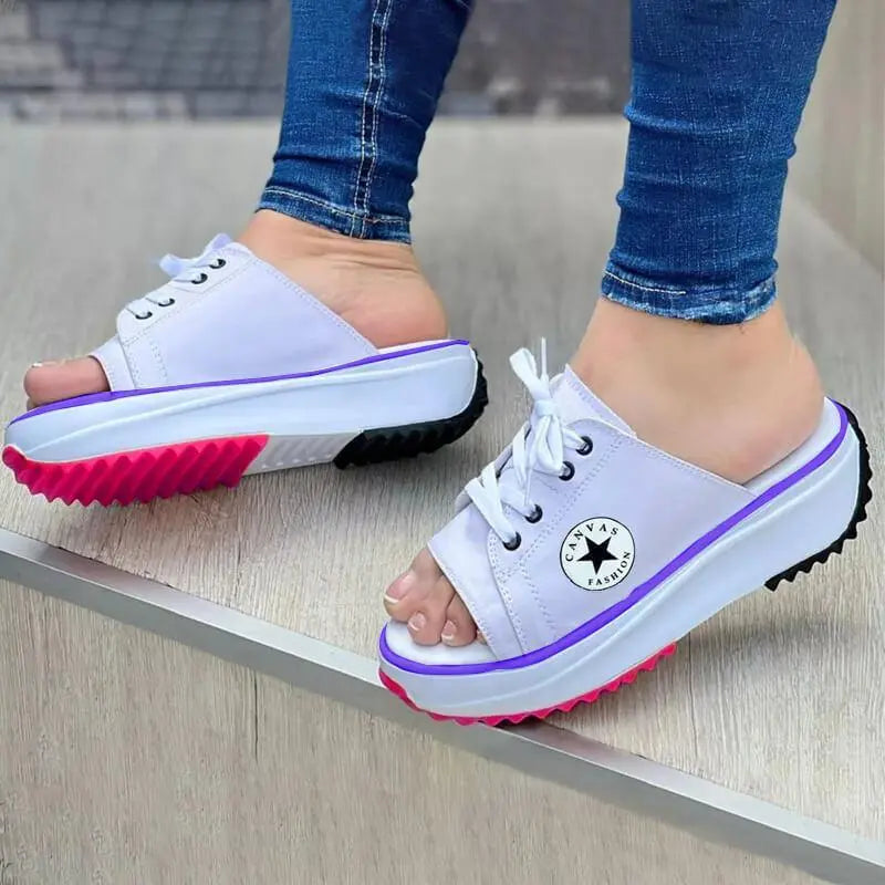 2024 Casual Canvas Thick-soled Lace-up Womens Sandals Slippers Silver Juneberry