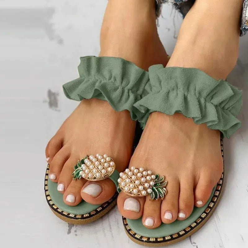 Pineapple Pearl Beach Slides, Flat Toe Casual Women's Slippers with decorative accents.