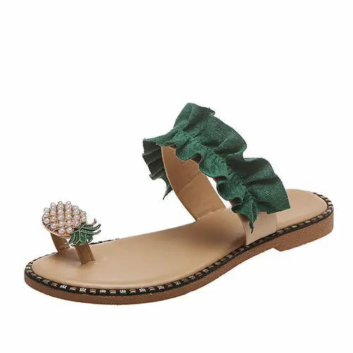 Pineapple Pearl Beach Slides Flat Toe Casual Women's Slippers in green with decorative accents.