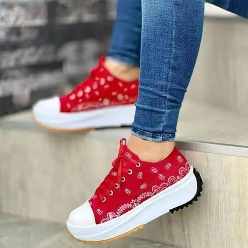 2024 pattern canvas women sneakers in red, casual sport shoes.