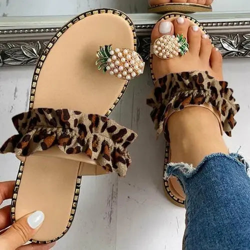 Pineapple Pearl Beach Slides Flat Toe Casual Womens Slippers with leopard print ruffle design.