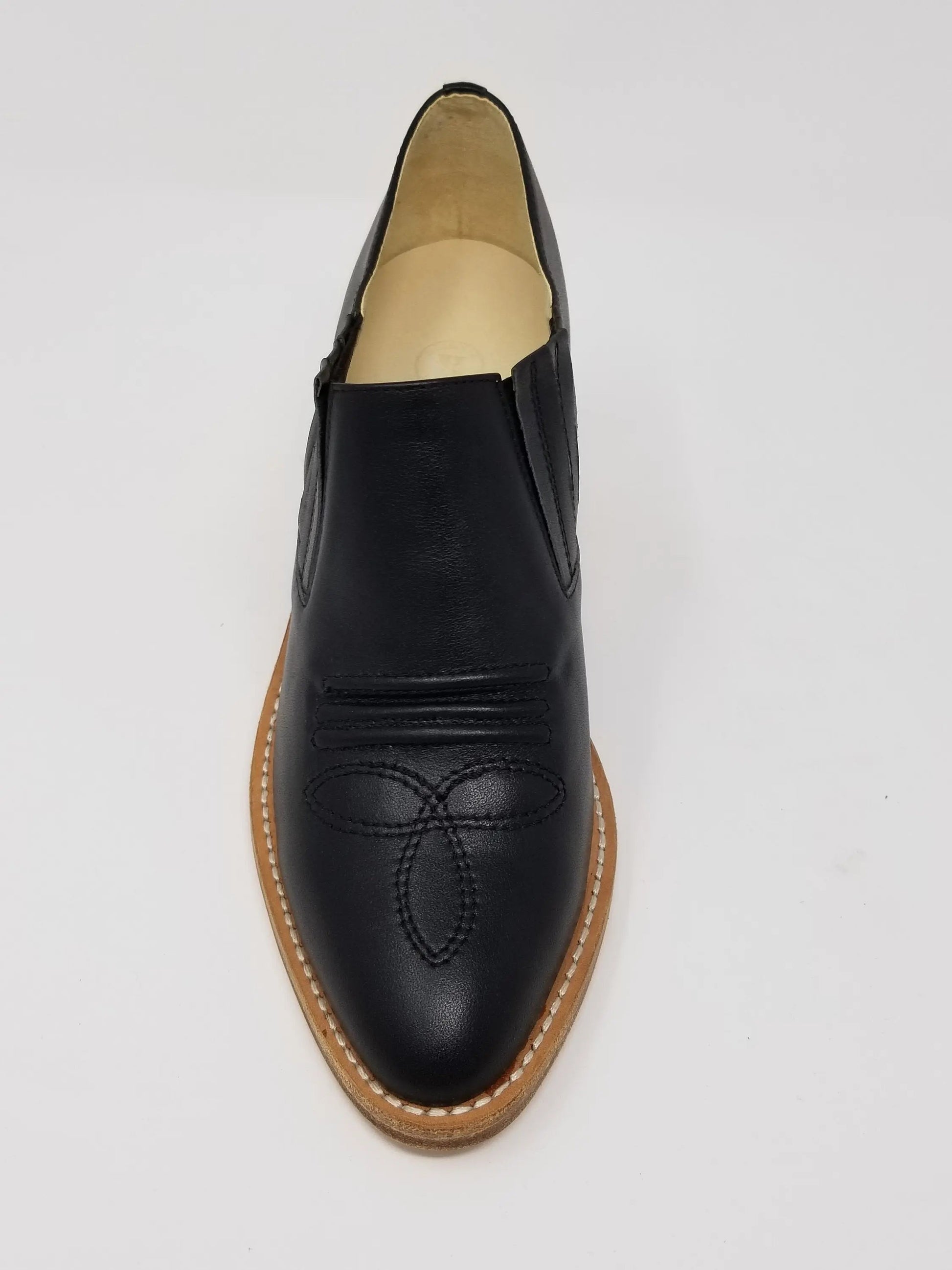 Santa Ana black leather shoe with full leather upper and natural wood heel.