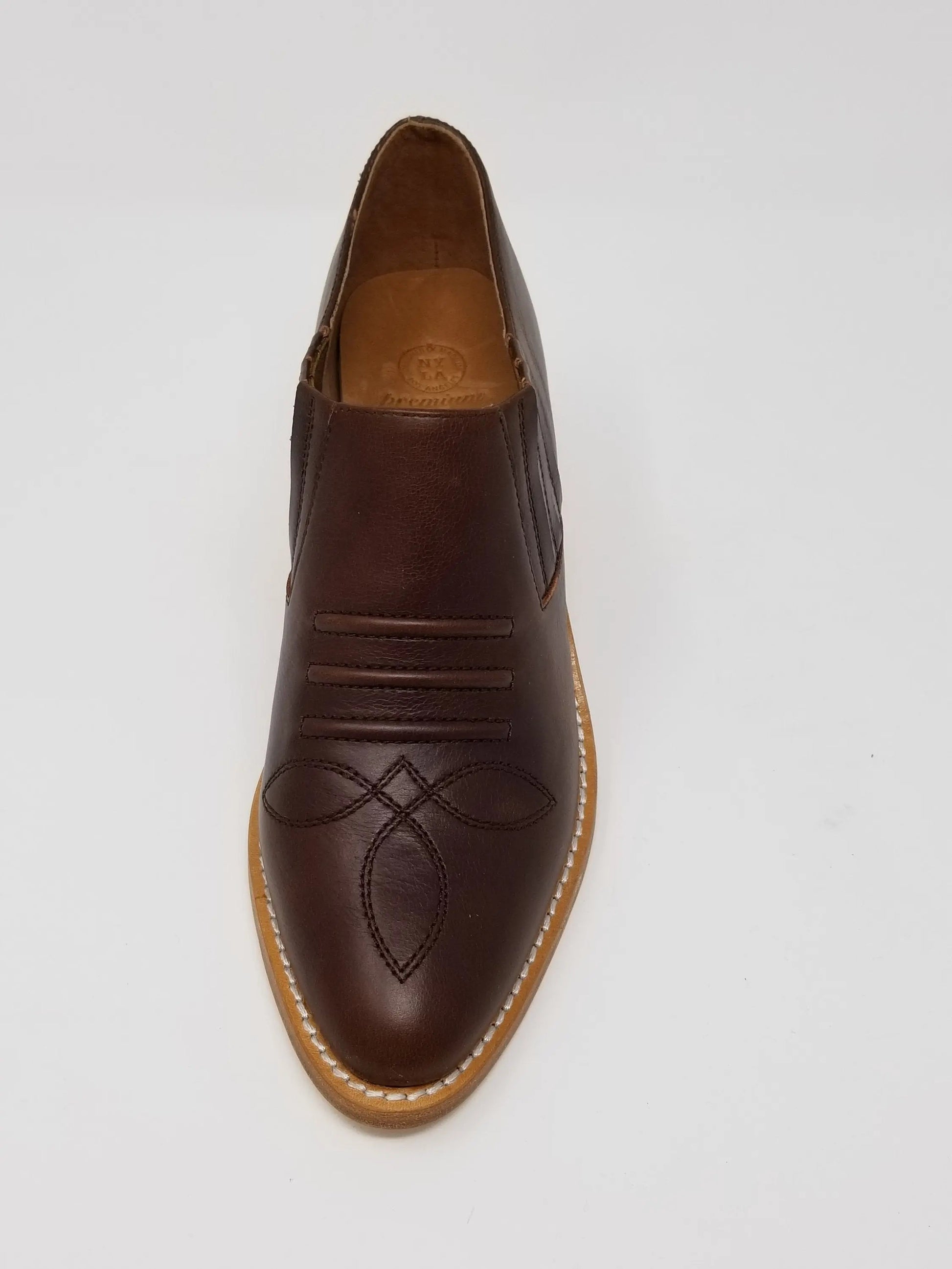 Leather shoe with natural wood heel from Santa Ana collection, made in Los Angeles.