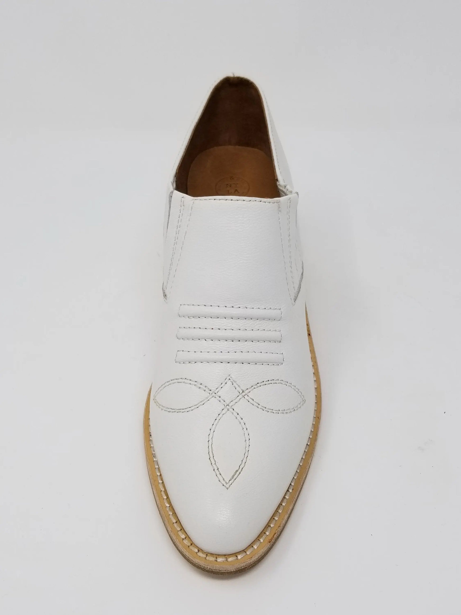 Santa Ana white leather shoe with memory foam insole and natural wood heel.