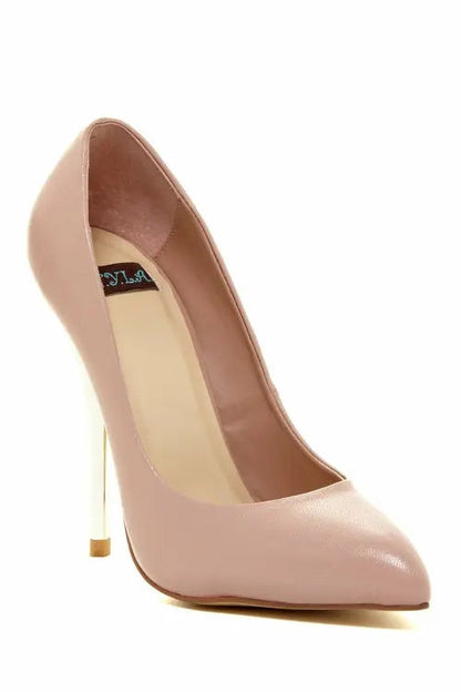 SYMPHONY leather upper pump with 4.5" metallic heel.