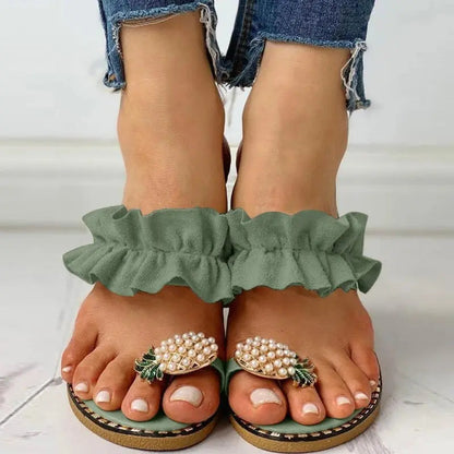 Pineapple Pearl Beach Slides with flat toe design for casual wear, ideal for women.