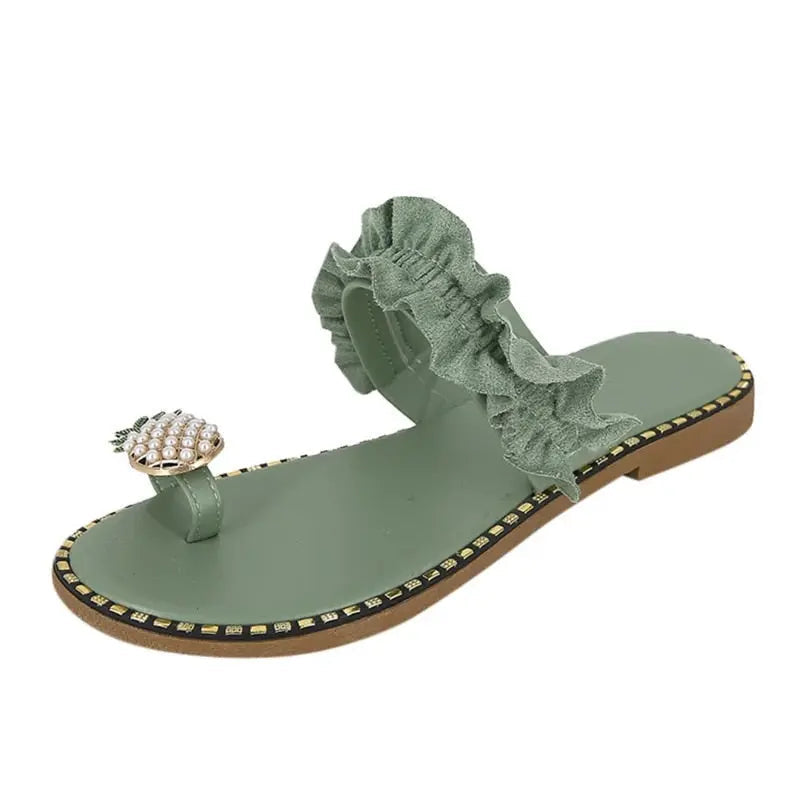 Pineapple Pearl Beach Slides Flat Toe Casual Women's Slippers in green with pearl accents.