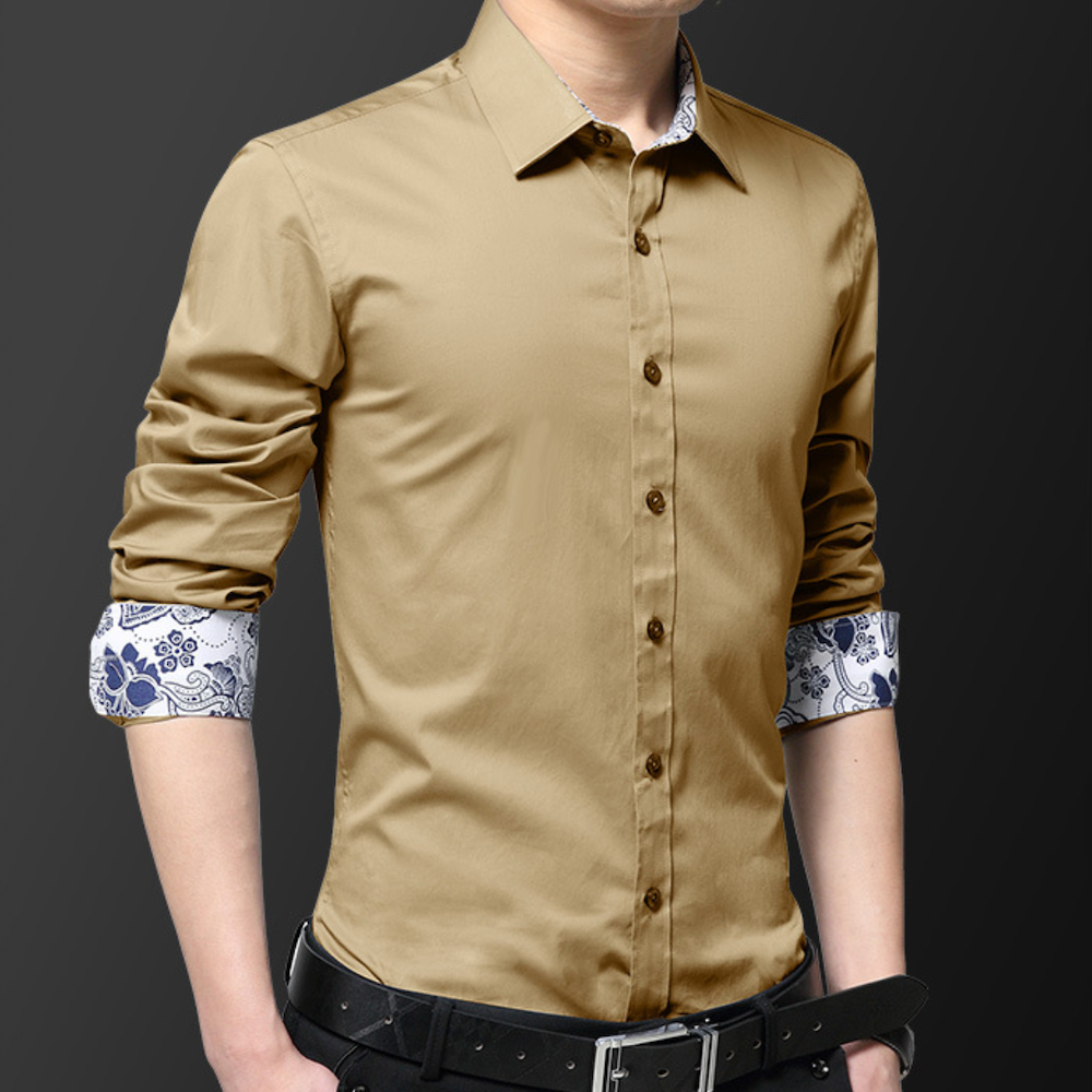 Mens Button Down Shirt with Oriental Inner Details Yellow Pandora