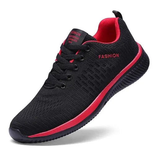 Men's lightweight running sneakers, breathable mesh design, black and red color, cushioned insole, durable rubber outsole.