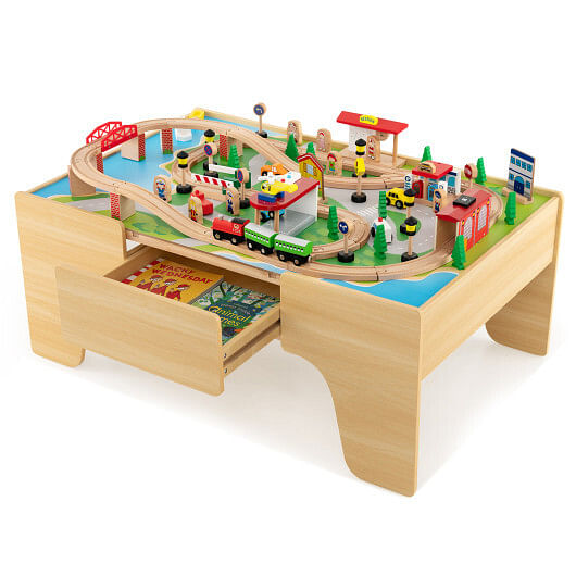 84-piece wooden train set with reversible tabletop and drawer.