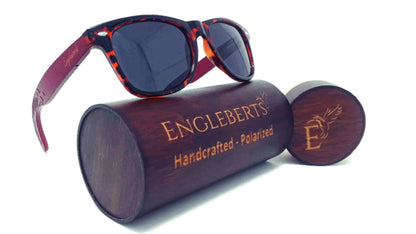 Red Bamboo Tortoise Framed Sunglasses With Wood Case, Artisan Engraved Purple Ariadne