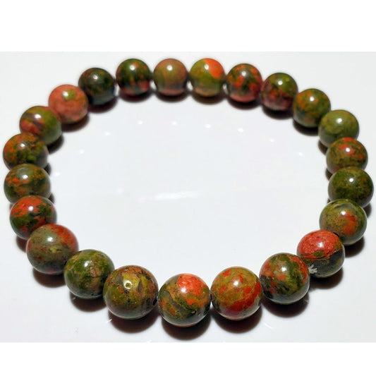 8mm Unakite Beaded Elastic Stretch Bracelet Silver Hestia