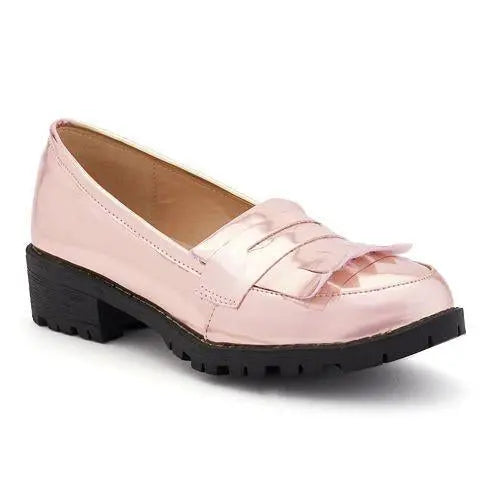 HM1602011 pink mirrored patent leather shoe with rubber outsole and padded interior.