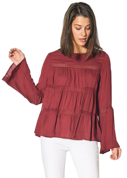 Bell Sleeve Tiered Blouse in Red Cordovan Lemon Hera