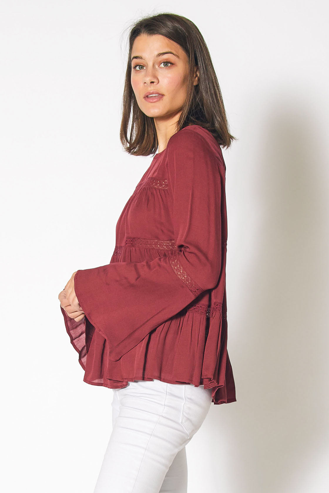 Bell Sleeve Tiered Blouse in Red Cordovan Lemon Hera