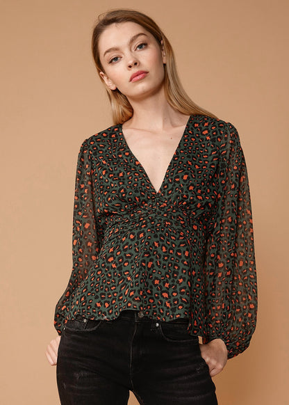 V-neck Puff Sleeve Blouse in Leopard Hunt Lemon Hera