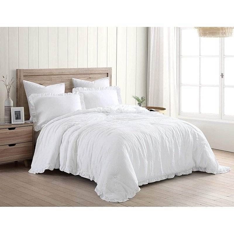 Full Size White Stone Washed Ruffled Edge Microfiber Comforter Set Yellow Crius