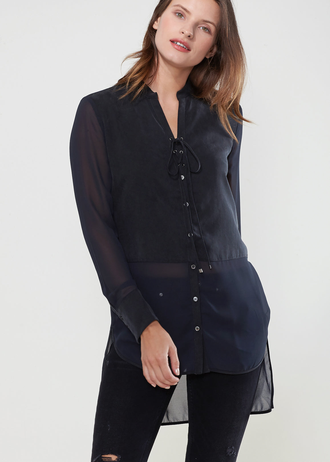 Women's Mesh Contrast Button Up Shirt In Black Lemon Hera