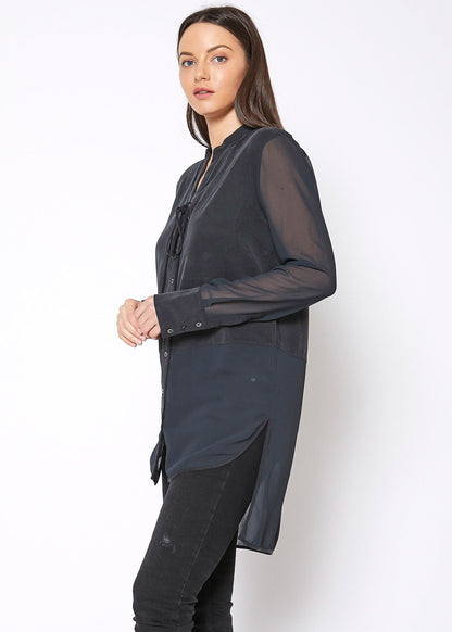 Women's Mesh Contrast Button Up Shirt In Black Lemon Hera