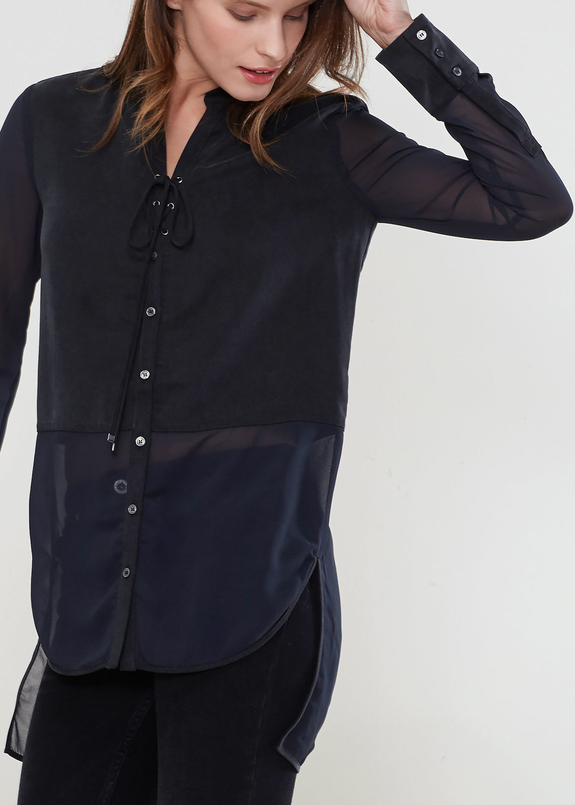 Women's Mesh Contrast Button Up Shirt In Black Lemon Hera