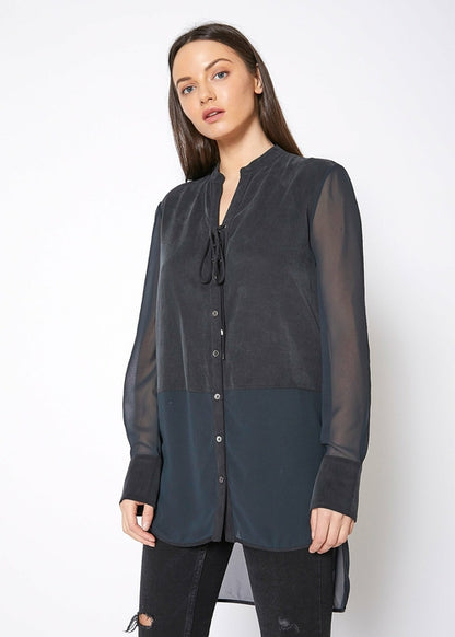 Women's Mesh Contrast Button Up Shirt In Black Lemon Hera