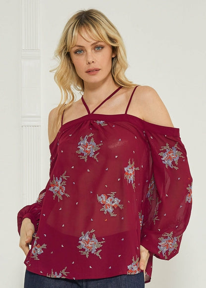 Off Shoulder Embroidery Print Blouse in Burgundy Lemon Hera