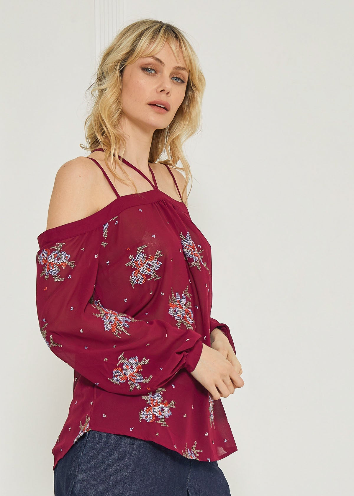 Off Shoulder Embroidery Print Blouse in Burgundy Lemon Hera