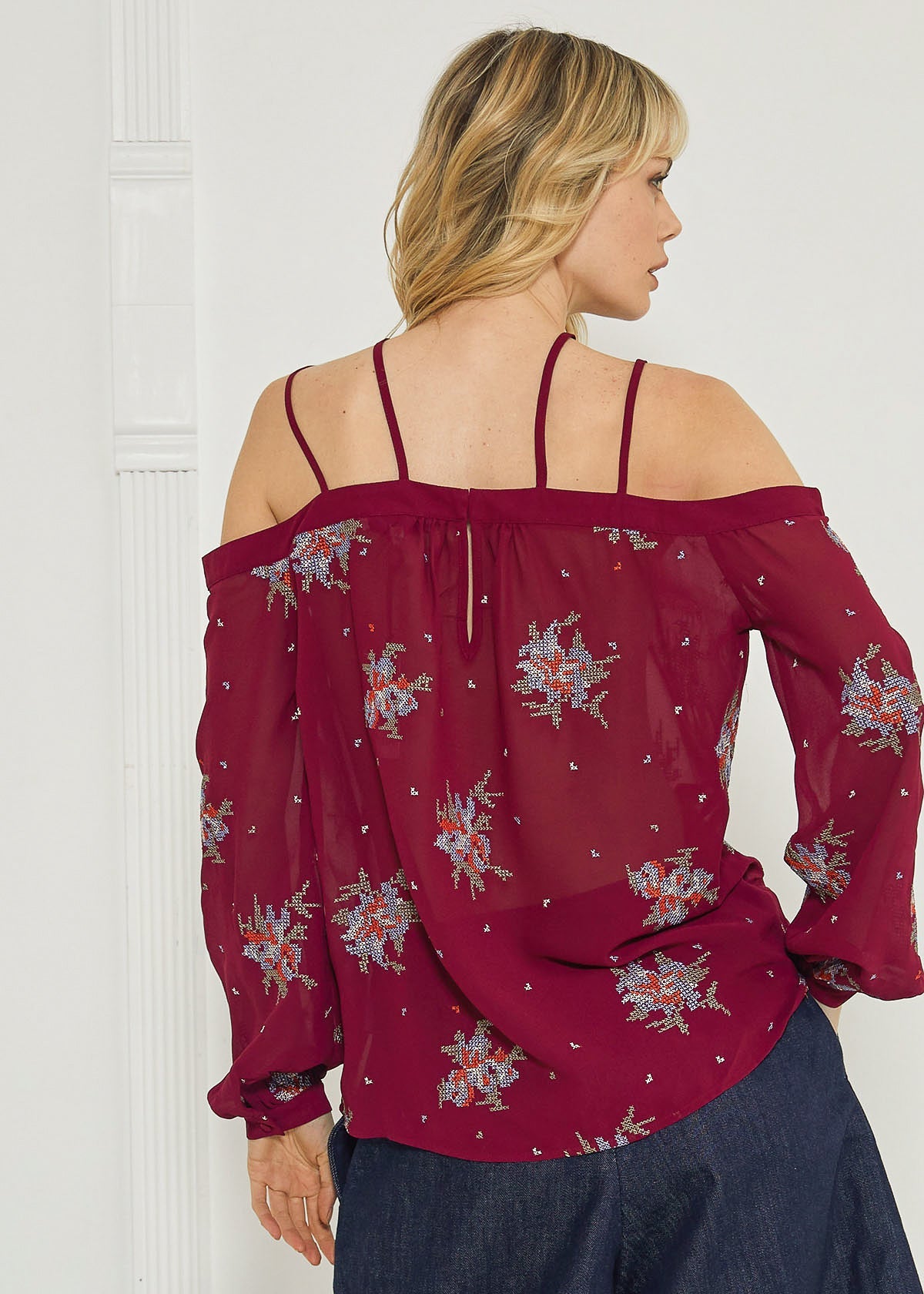 Off Shoulder Embroidery Print Blouse in Burgundy Lemon Hera