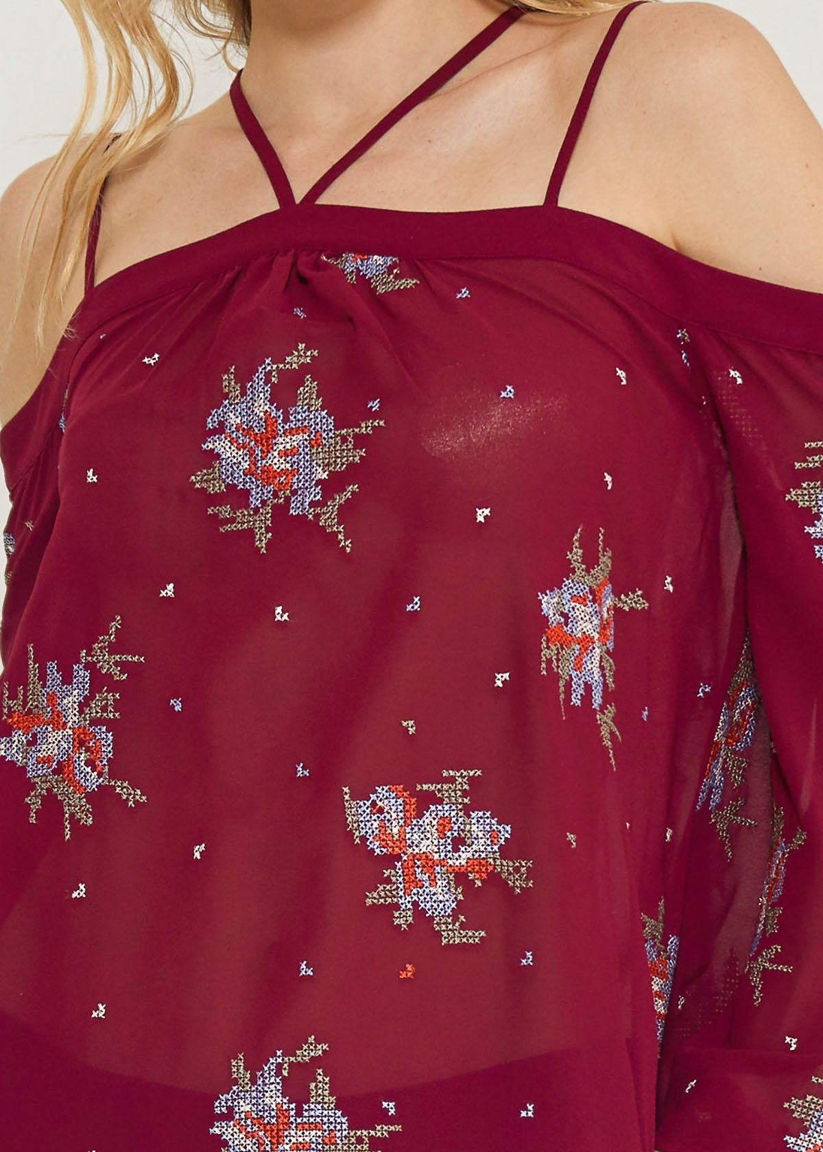 Off Shoulder Embroidery Print Blouse in Burgundy Lemon Hera