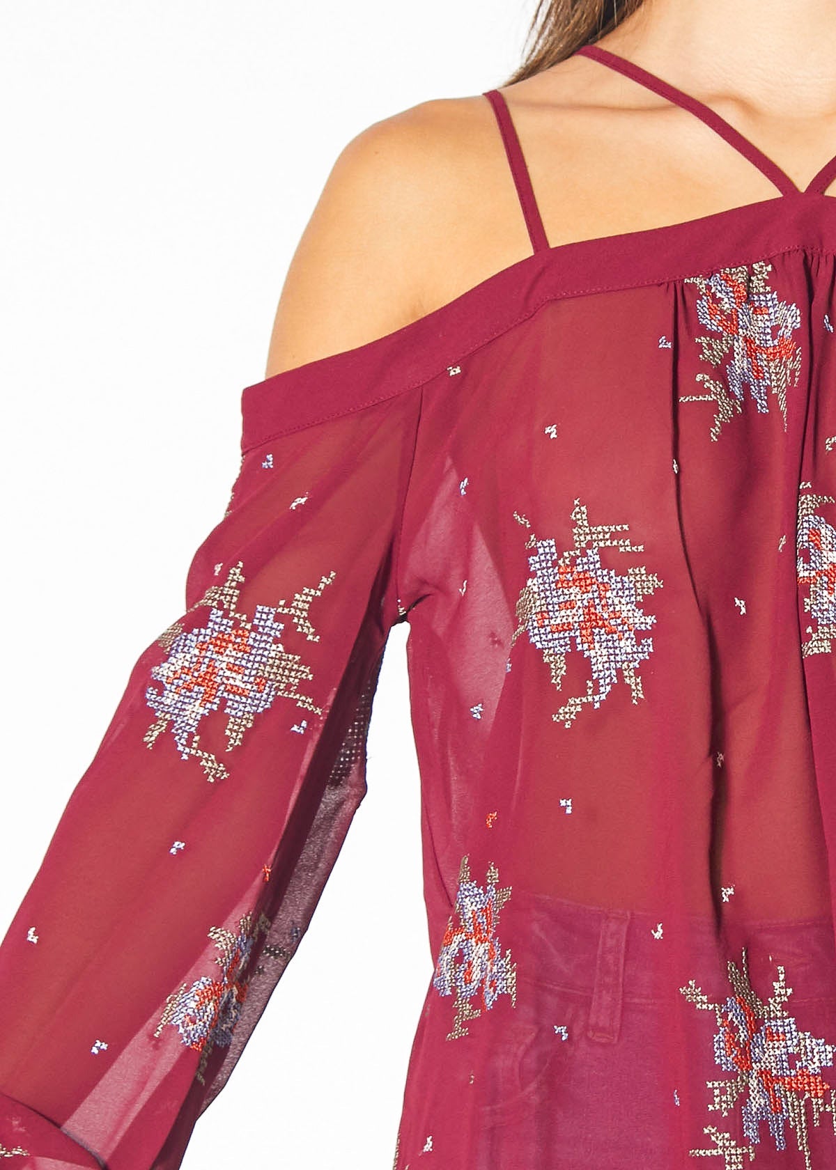 Off Shoulder Embroidery Print Blouse in Burgundy Lemon Hera