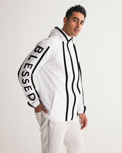 Mens Hooded Windbreaker - Blessed Sleeve Stripe White Water Resistant Grey Coco