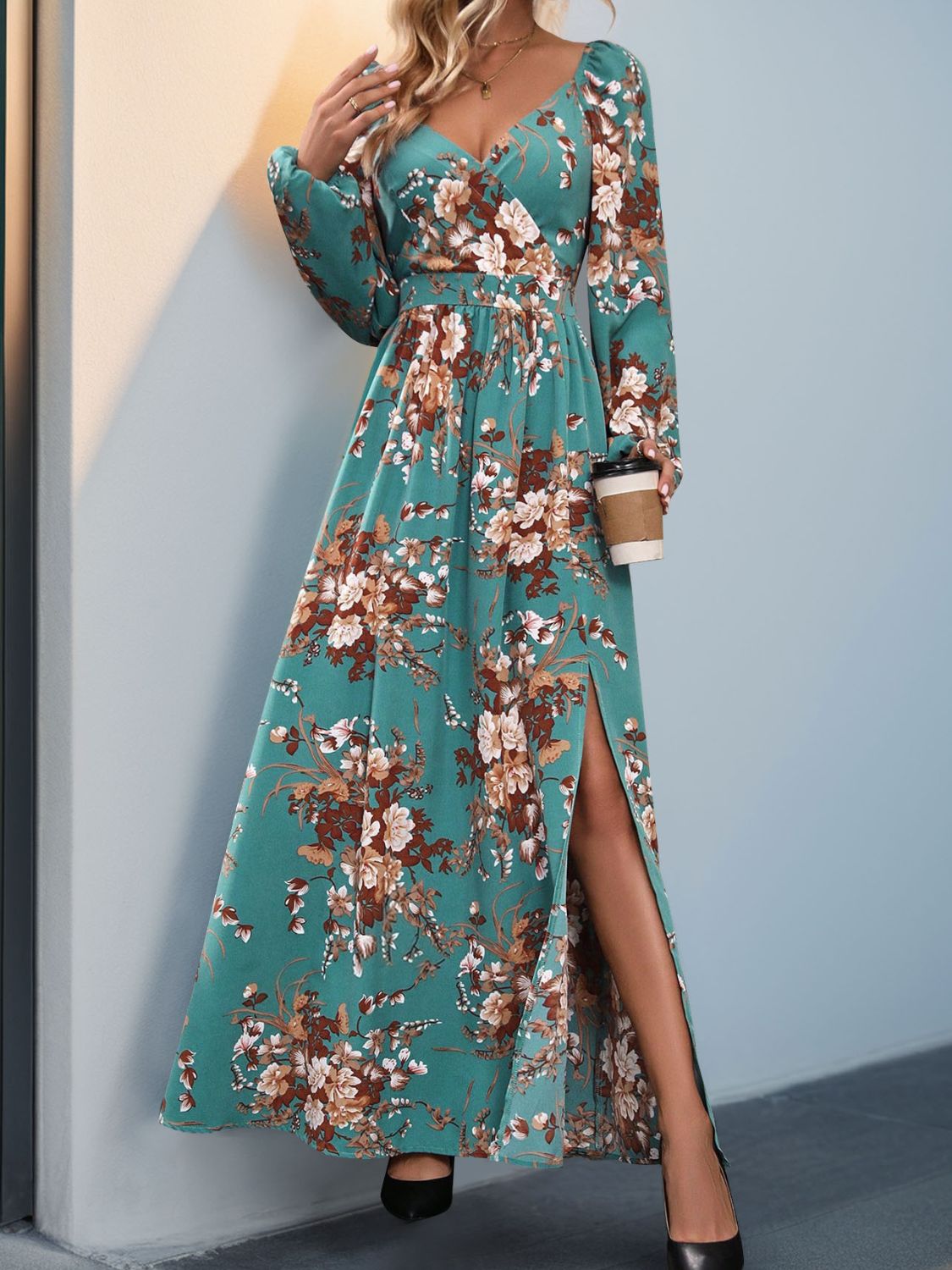 Perfee Slit Printed Surplice Long Sleeve Maxi Dress Trendsi