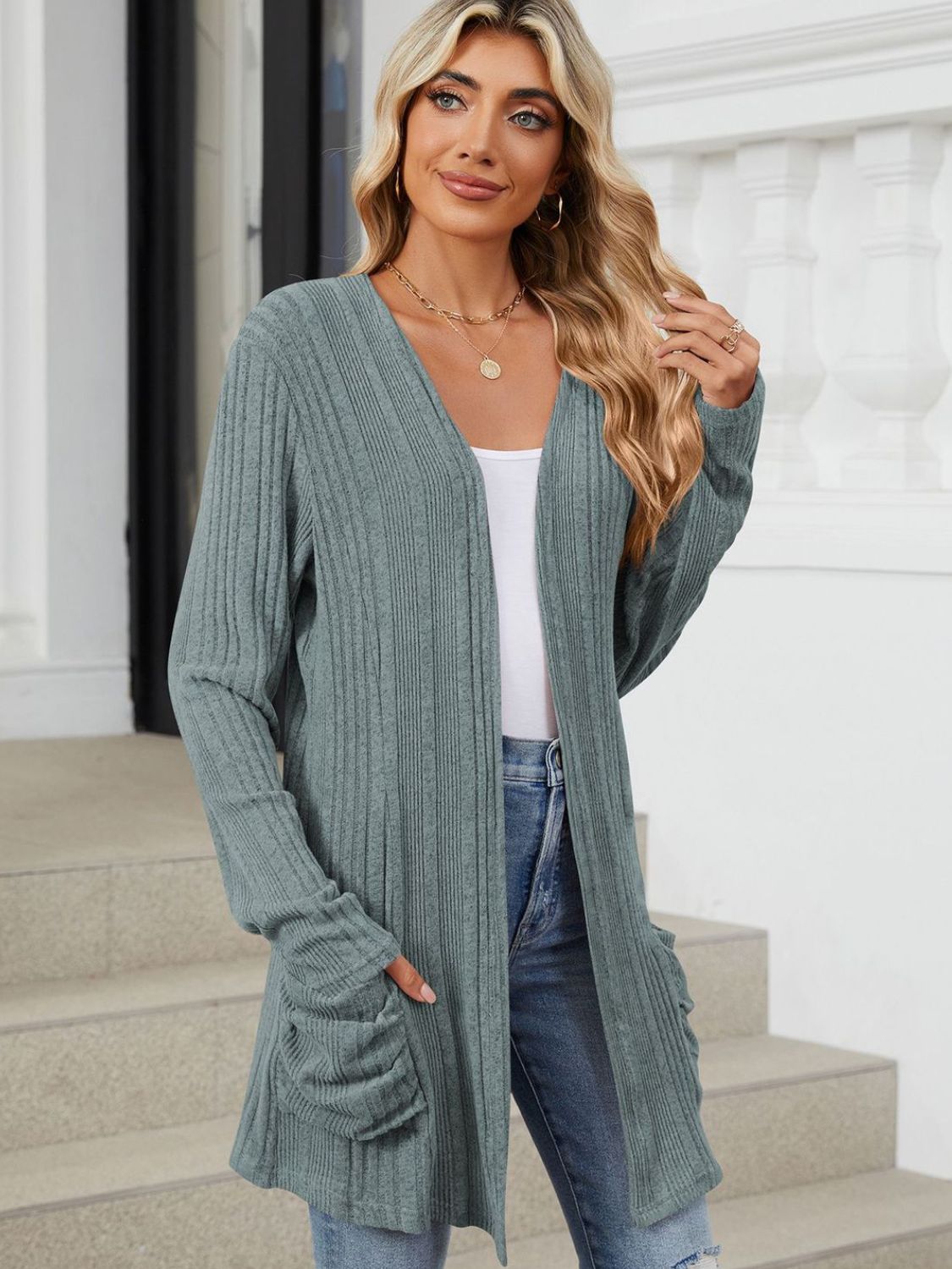 Pocketed Open Front Long Sleeve Cardigan Trendsi