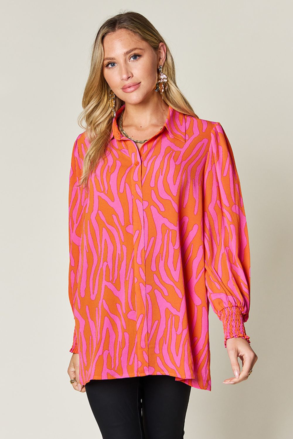 Double Take Full Size Printed Smocked Long Sleeve Blouse Trendsi