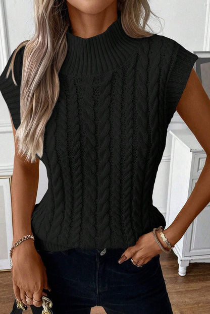 Cable-knit mock neck sweater vest in black, highly stretchy acrylic material.