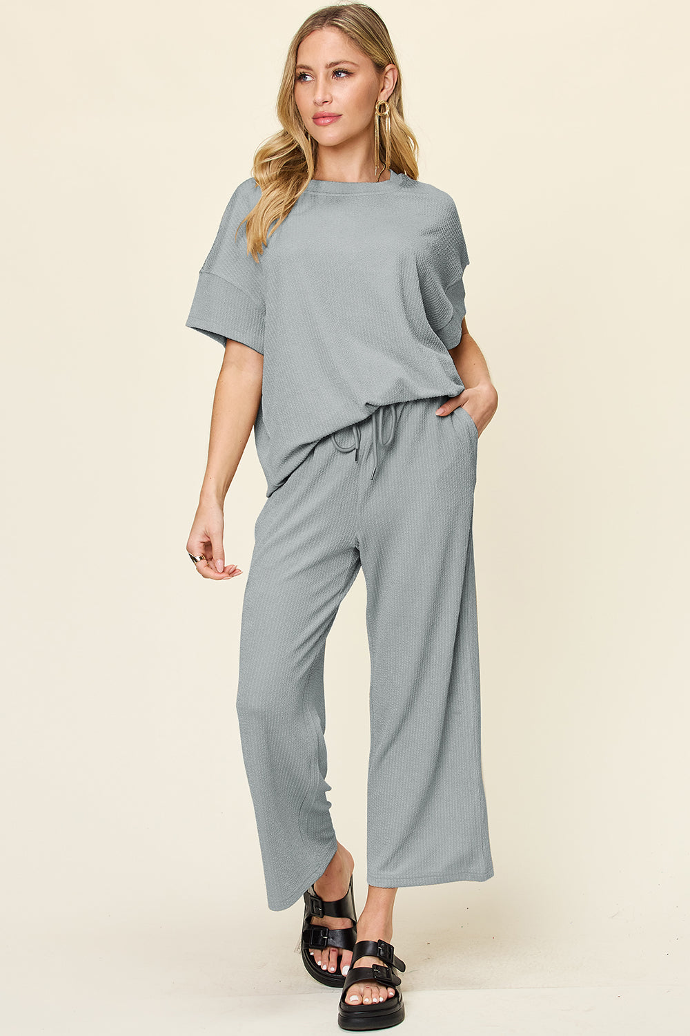 Double Take Full Size Texture Round Neck Short Sleeve T-Shirt and Wide Leg Pants Trendsi