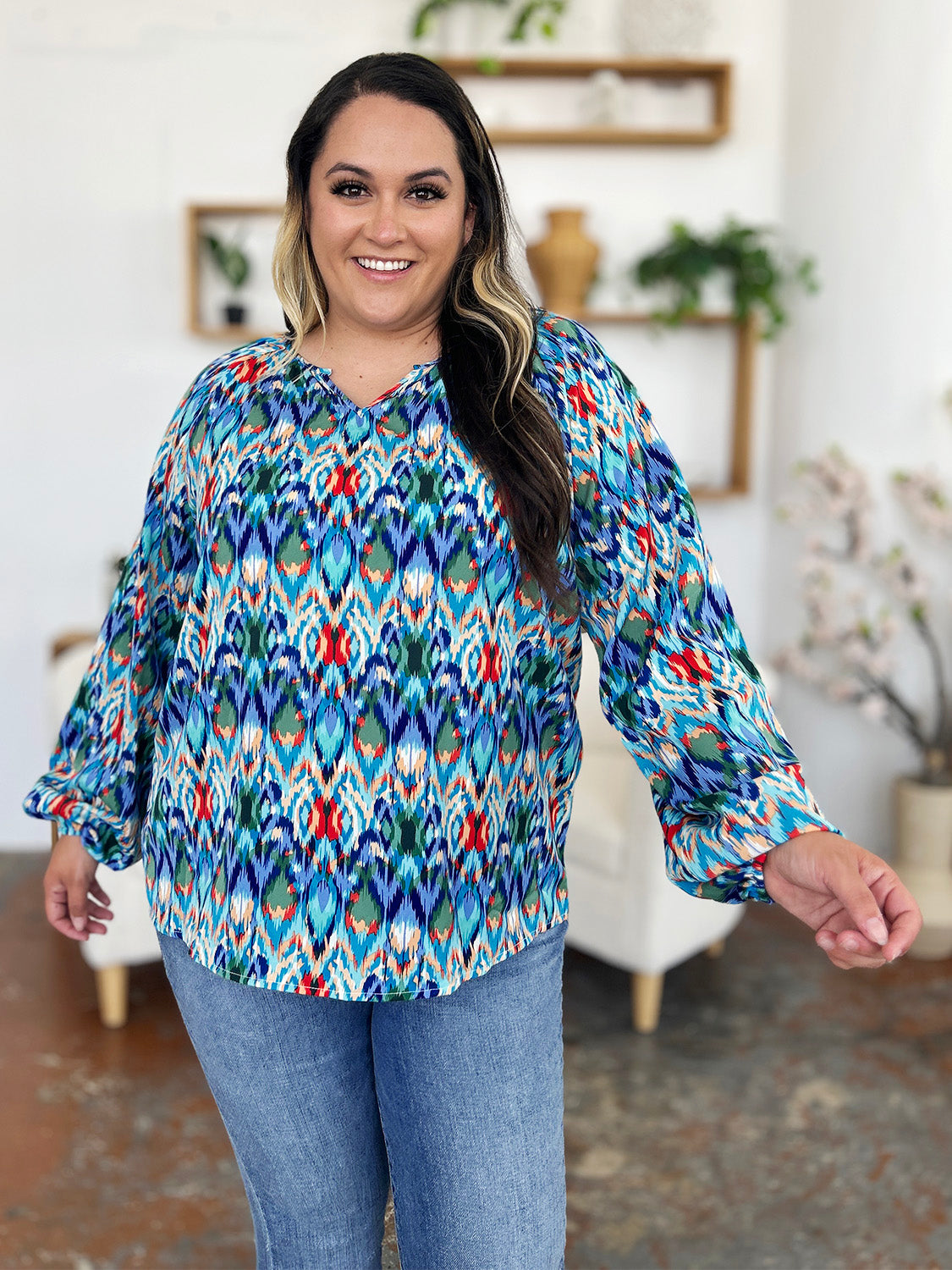 Double Take Full Size Printed Balloon Sleeve Blouse Trendsi