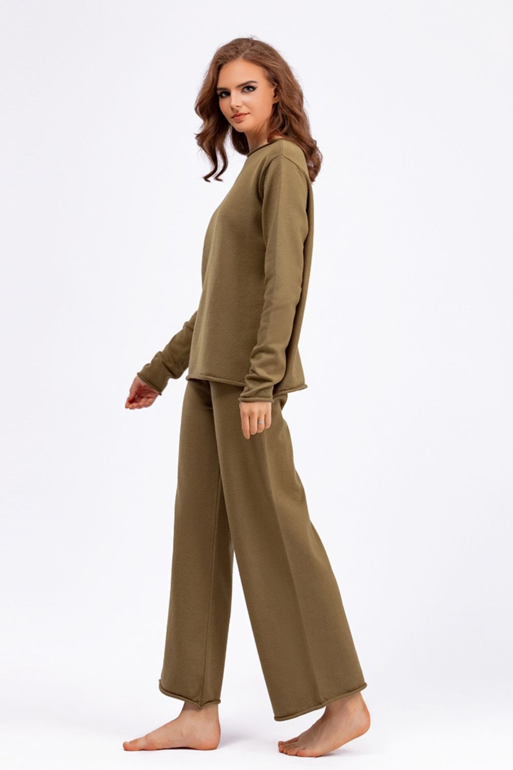 Basic Bae Rolled Round Neck Top and Pants Sweater Set Trendsi