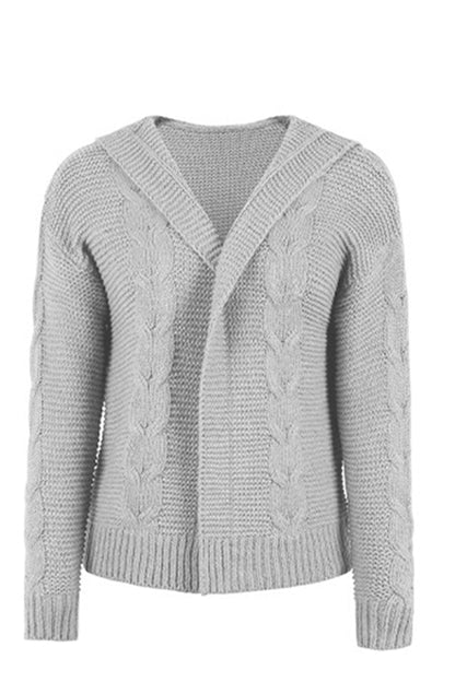 Cable-Knit Dropped Shoulder Hooded Cardigan with open front and cable-knit pattern.