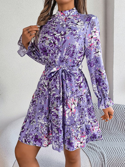 Printed Mock Neck Flounce Sleeve Mini Dress Trendsi