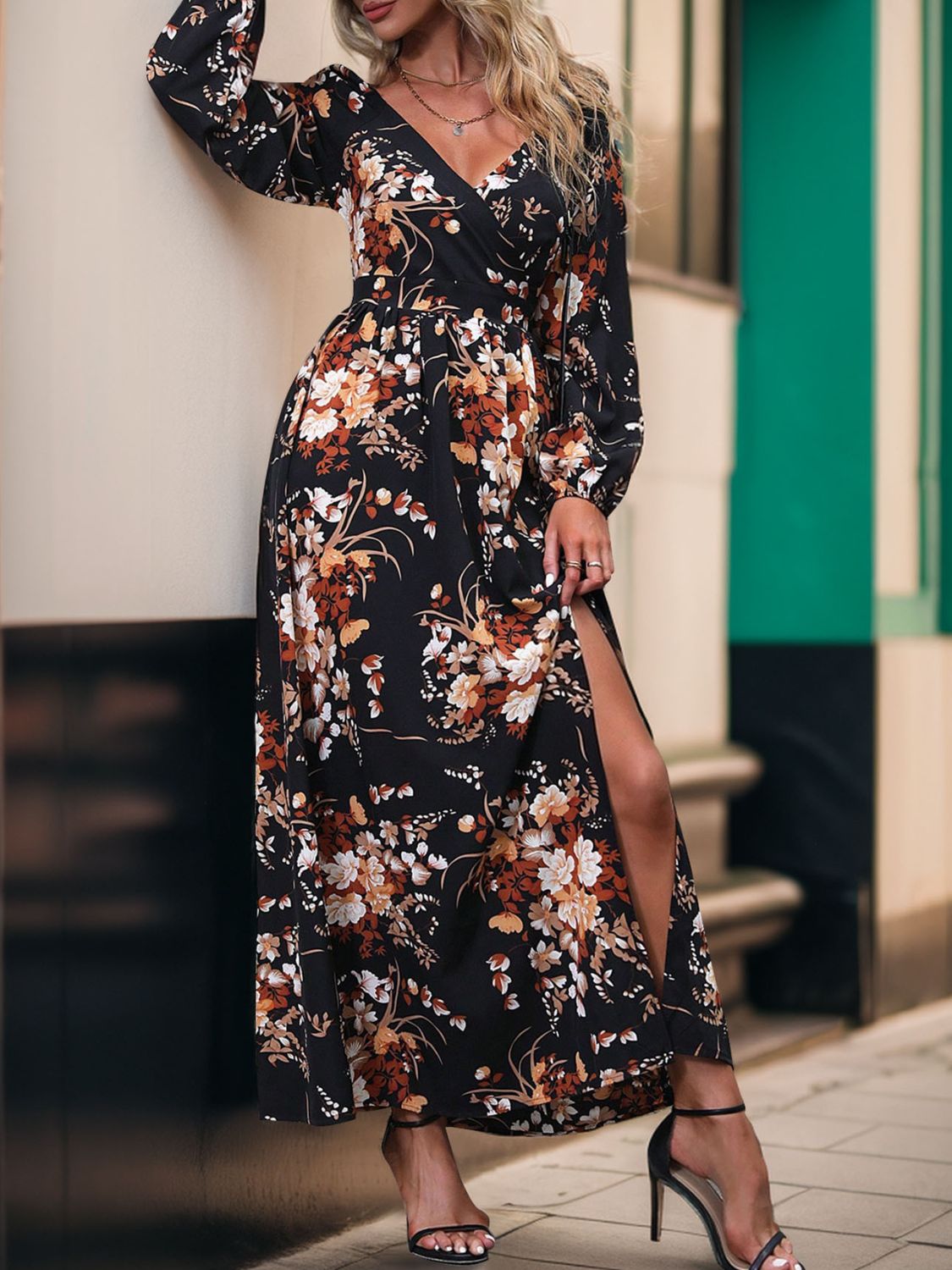 Perfee Slit Printed Surplice Long Sleeve Maxi Dress Trendsi