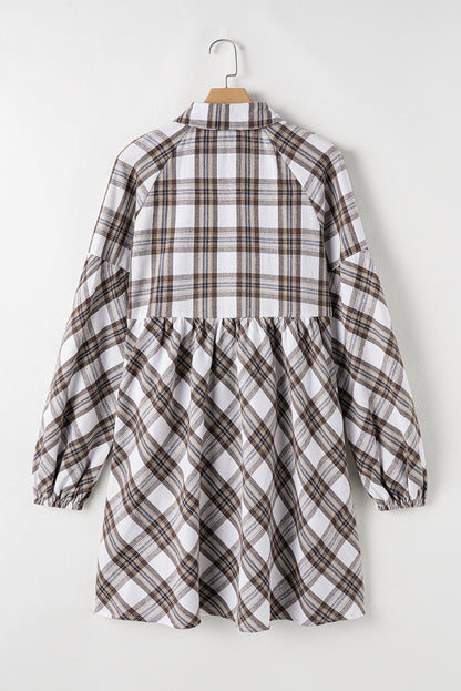 Full Size Plaid Collared Neck Balloon Sleeve Mini Shirt Dress Trendsi