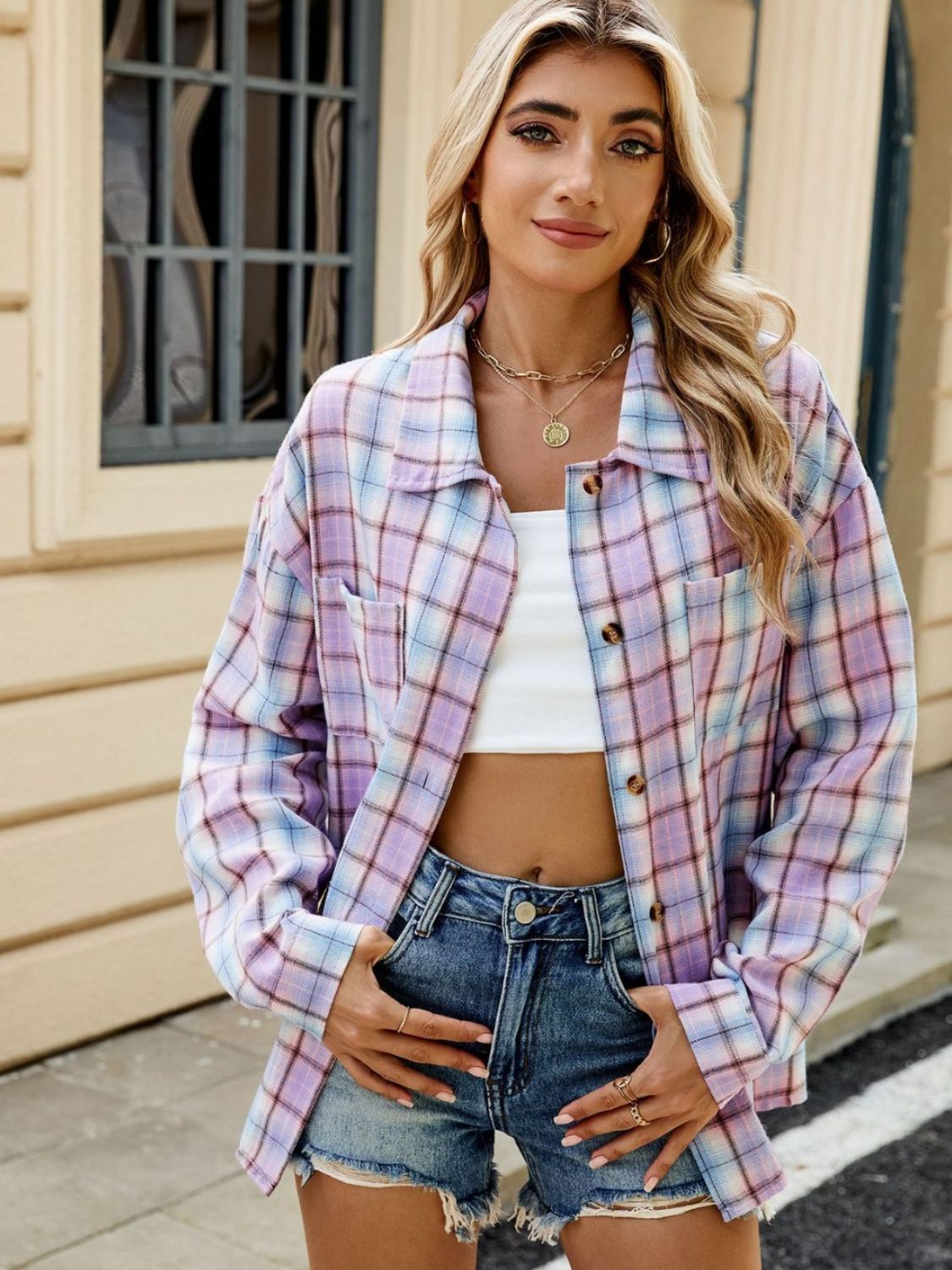 Plaid Collared Neck Long Sleeve Shirt Trendsi