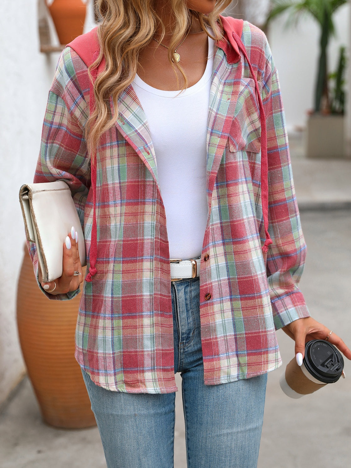 Plaid Long Sleeve Hooded Jacket Trendsi