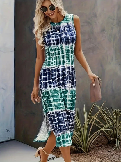 Slit Printed Round Neck Sleeveless Dress Trendsi