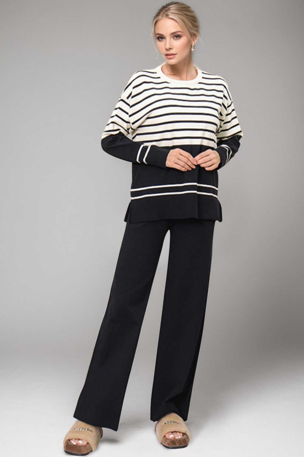 Basic Bae Striped Round Neck Long Sleeve Top and Pants Sweater Set Trendsi