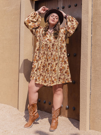 Plus Size Printed V-Neck Balloon Sleeve Mini Dress Trendsi