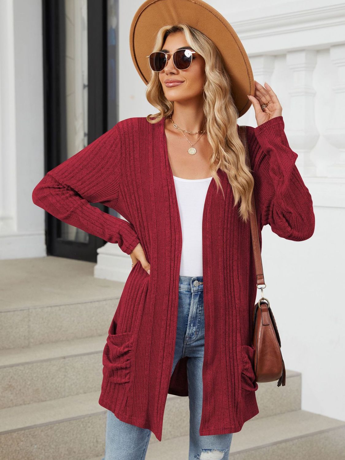 Pocketed Open Front Long Sleeve Cardigan Trendsi