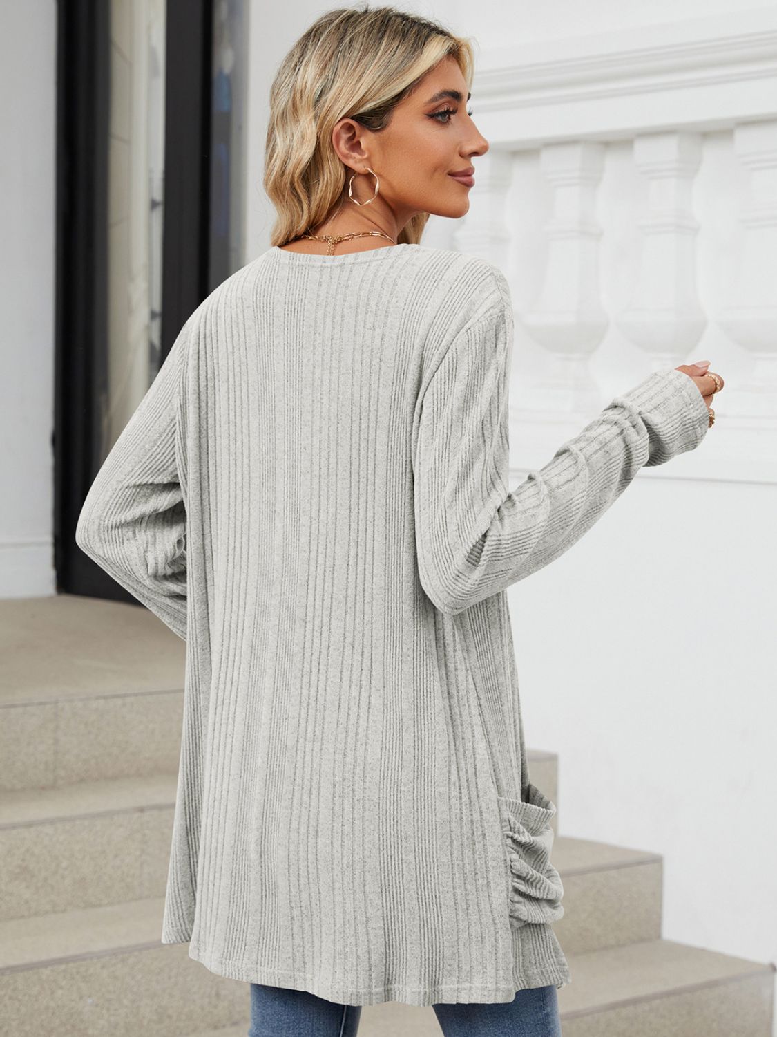 Pocketed Open Front Long Sleeve Cardigan Trendsi