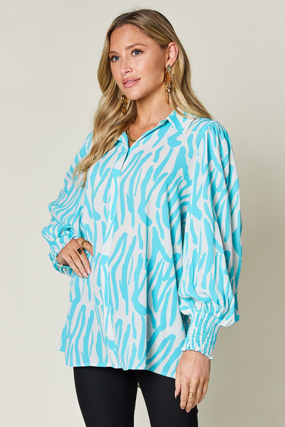 Double Take Full Size Printed Smocked Long Sleeve Blouse Trendsi